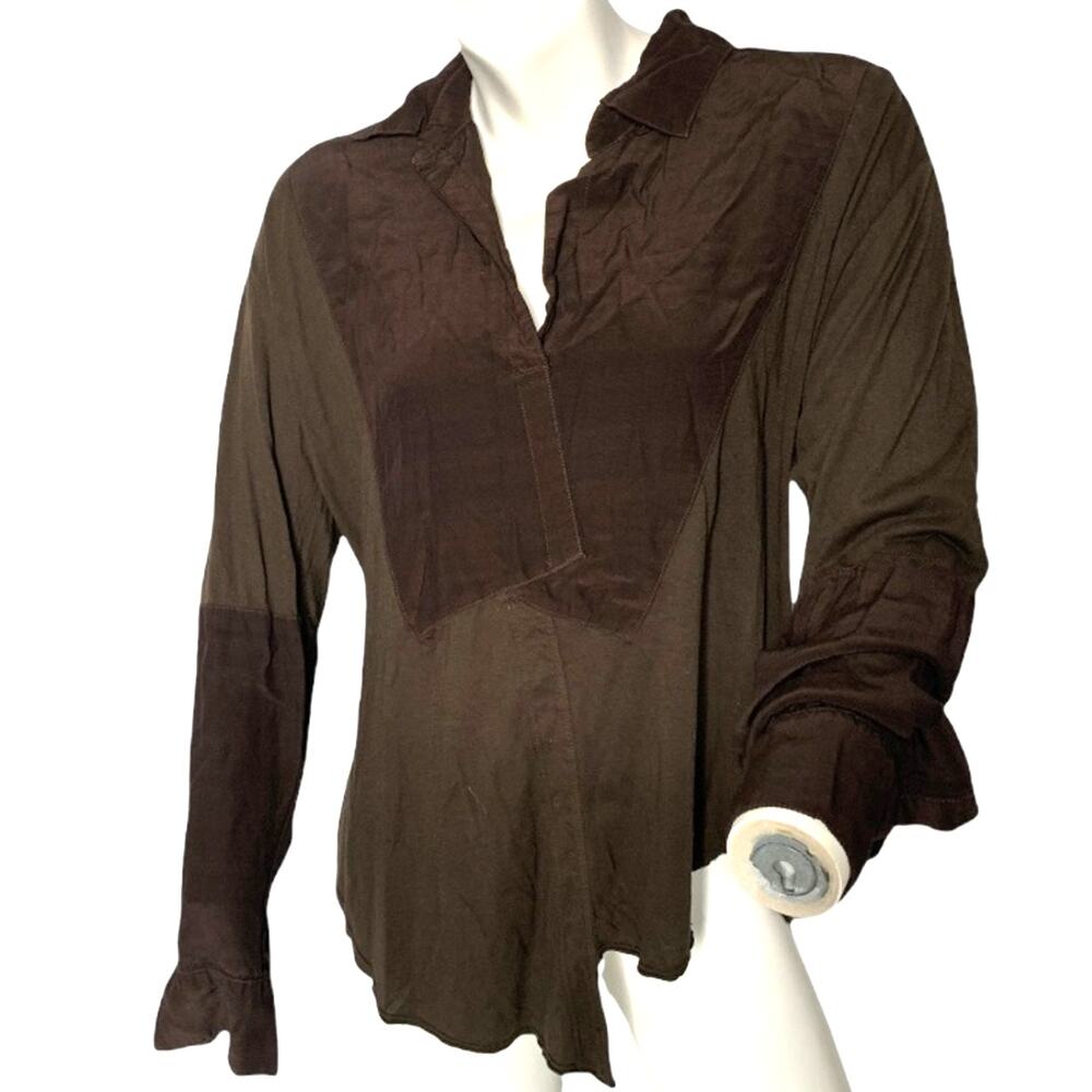 Wilt Brown Patchwork Long Sleeve Blouse Loose Fit V-Neck